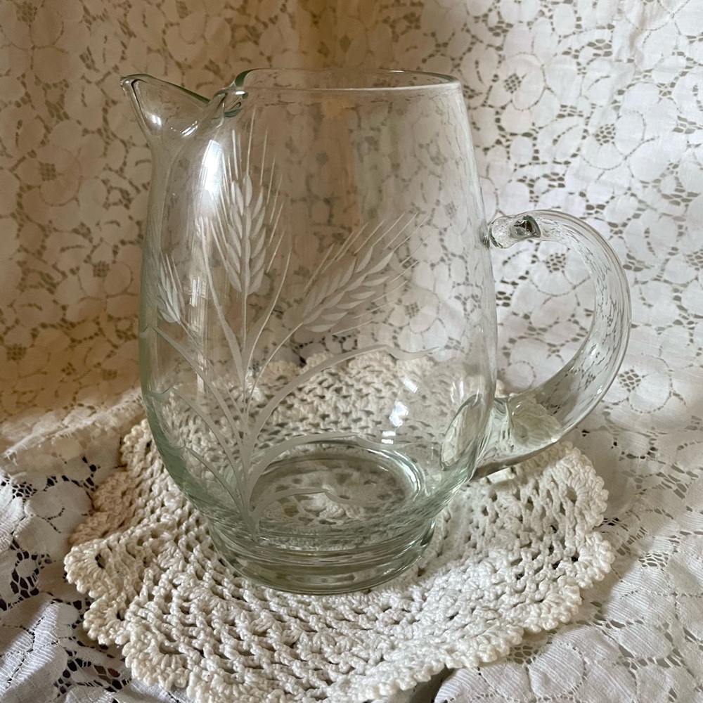 Artisan Clear Glass Pitcher with Leaf Etching